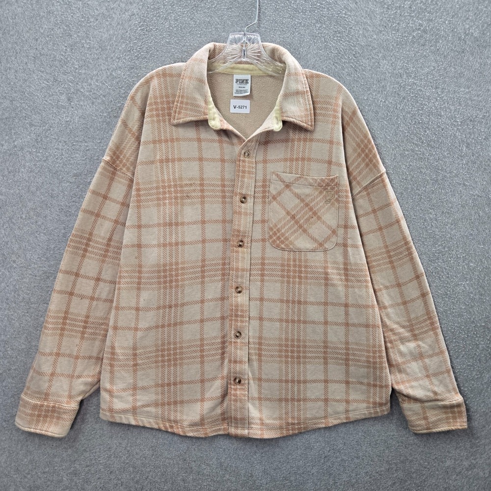 Pink Victorias Secret Women Top Medium Beige Plaid Flannel Button Up Collar